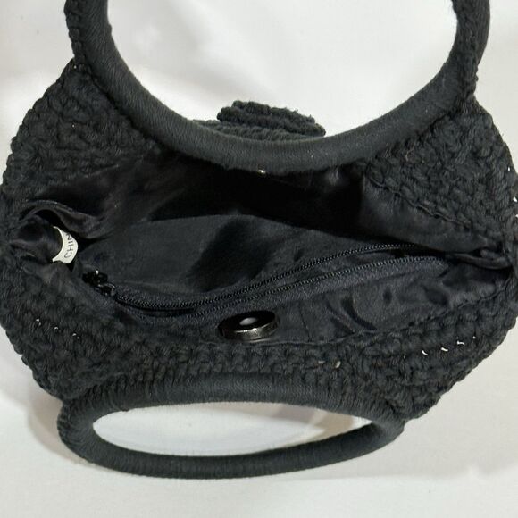 WOMEN CROCHET BLACK VINTAGE CLUTCH PURSE HANDBAG BAG WITH FLOWERS BOHO STYLE - Picture 7 of 15